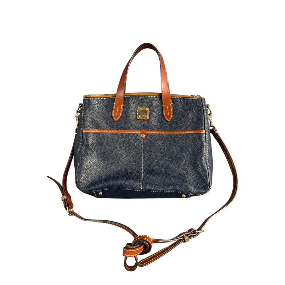 Dooney & Bourke Navy Pebble Grain Leather Satchel Crossbody Bag Brown Trim